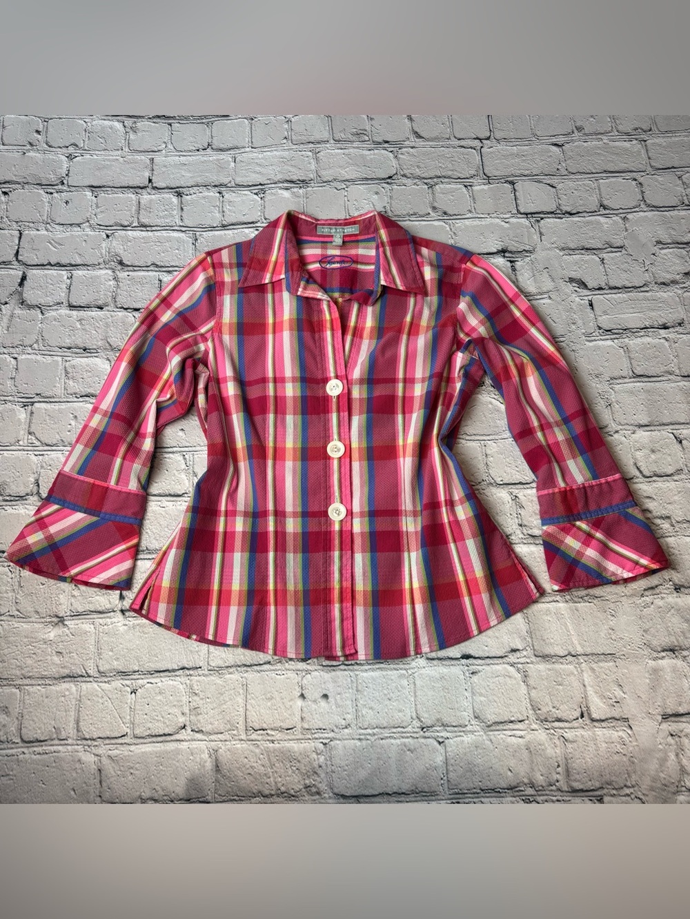 Foxcroft Y2K Pink Plaid Retro 70s Inspired Flared Cuff Button-Up Shirt Size 6P